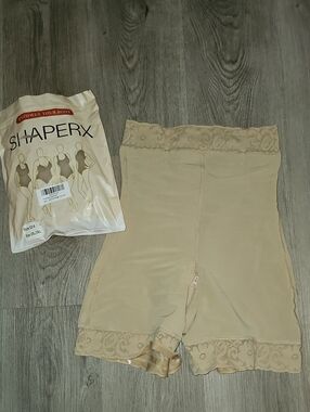 ShaperX High-Waist Beige Lace-Trim Shaping Shorts